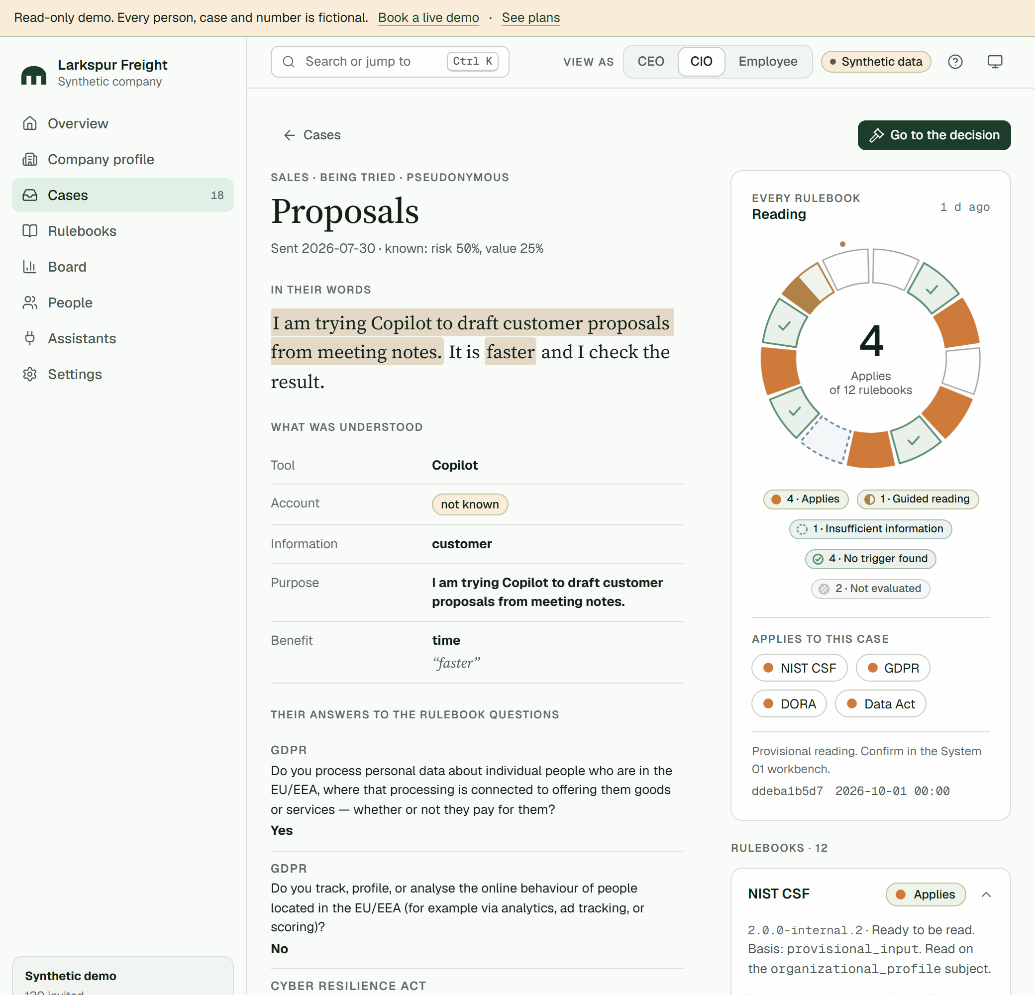 The synthetic Proposals case in Calibre: employee words, understood facts and rulebook readings.