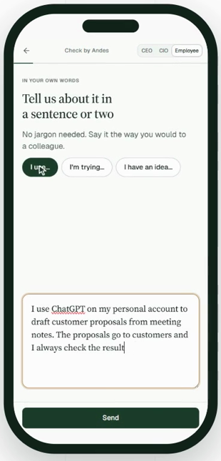 Calibre demonstration interface showing a fictional employee AI-use report